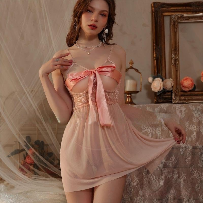 GRAYDREAM Sexy Lingerie Sexy Lace Backless Seductive Bow Nightgown, Suspender Skirt and T-pants Two-piece Set