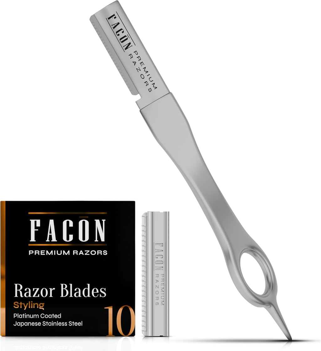 Facón Beard Razor for Men - Professional Beard Shaping Tool Grooming Kit with 11 Replacement Blades, Mustache Shaper, Edger & Lineup, Premium Precision Straight Edge Razor 100% Stainless Steel Blade