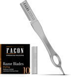 Facón Beard Razor for Men - Professional Beard Shaping Tool Grooming Kit with 11 Replacement Blades, Mustache Shaper, Edger & Lineup, Premium Precision Straight Edge Razor 100% Stainless Steel Blade