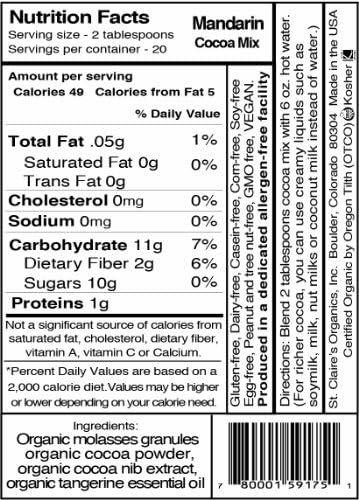 St. Claire's Organic Gourmet Hot Cocoa, (Mandarin, 12 Ounce Bag, 20 servings) | Allergen-Free, Vegan, GMO-Free, Gluten-Free | Made in our Allergen-Free facility