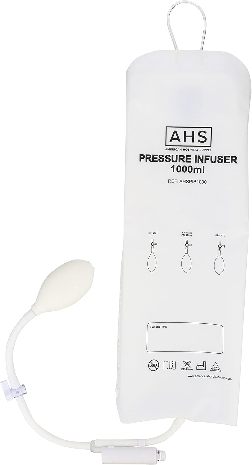 American Hospital Supply Medical Pressure Infusion Bag – 1000ml, IV Pole Infusion Sack with 3-Way Stopcock, Color-Coded Gauge | Medical Supplies & Equipment (1 Each)