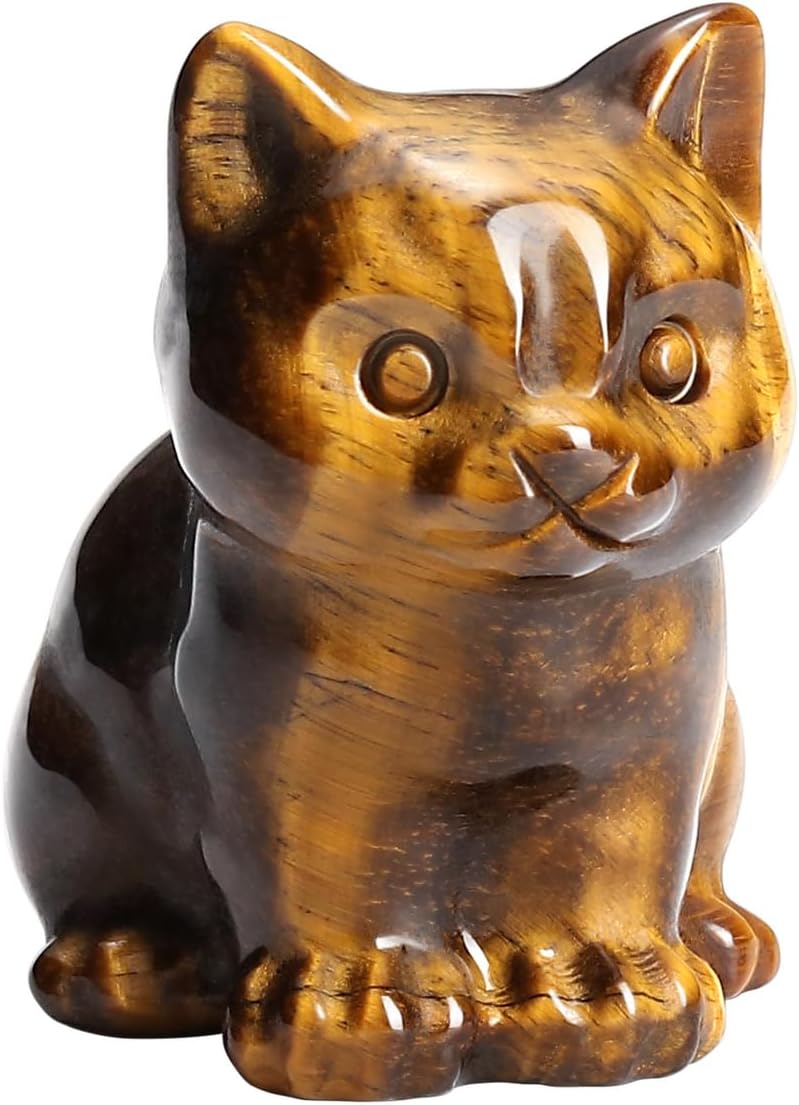 CrystalTears Tiger Eye Crystal Cat Figurine Carved Healing Crystal Gemstone Cat Lucky Cute Stone Cat Statue for Home Office Desk Meditation Decor Crystal Gifts for Women Men Cat Lover Christmas