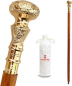 Vintage Wooden Walking Stick - Wooden Cane with Golden Brass Knob Handle - Brown Wood - Victorian Telescope Fancy Walking Cane for Men and Women
