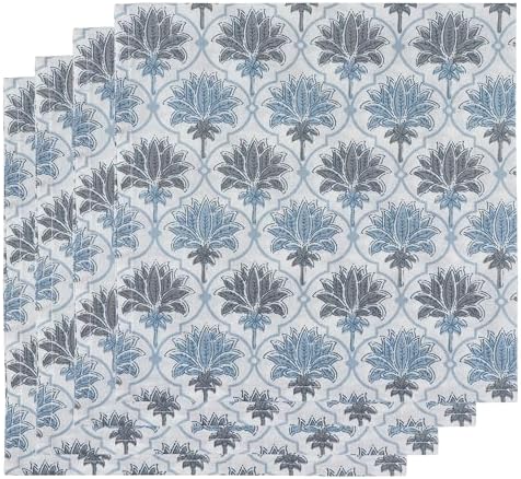 Indian Printed 100% Cotton Cocktail Napkins, Set of 4 20X20 Indian Wedding Decor (Blue and Gray)