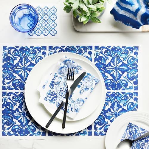CECI X MY DRAP Mediterranean Tile Cotton Dinner Napkins, Single-use or Reusable (11.8" x 11.8" - 12 Units per Roll)