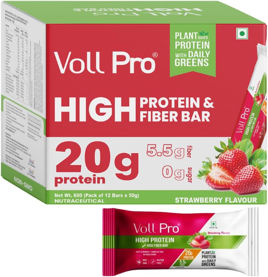Voll Pro Plant Protein Bar with Daily Greens - High Protein 20g, Fiber 5.5g, 0g Sugar - Strawberry Flavour- Non-GMO- Gluten & Trans Fat Free-Crunchy, Delicious Nutrient-Rich Protein Bars,(50g X 12 Bar) -Pack Of 12 Bar