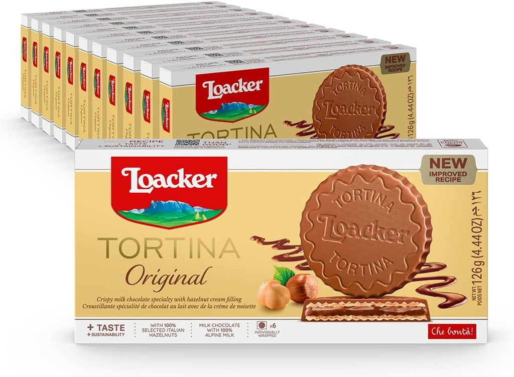 Loacker Tortina Original - Individually Wrapped Premium Milk Chocolate Enrobed Crispy Wafer Tartlets with Hazelnut Cream Filling - Pack of 12