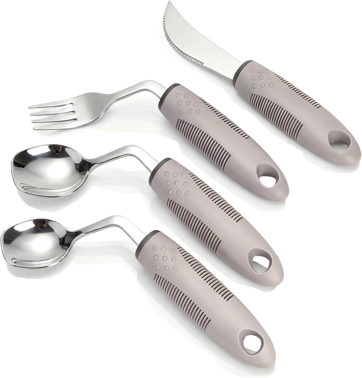 4-Piece Adaptive Utensils Set with Rocker Knife & Shovel Spoon - 42° Angled Parkinsons Utensils, 2.5 oz Weighted Silverware for Hand Tremors and Arthritis, Adaptive Eating Utensils (Grey Right-handed)
