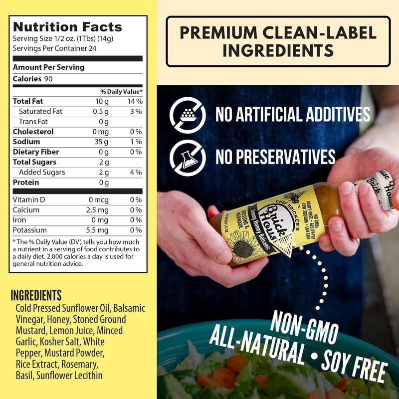 Brick House Sunny Honey Balsamic Vinaigrette Dressing & Marinade, 12oz - Low-Sodium, Low-Carb, Dairy-Free, Gluten-Free, Non-GMO, Balsamic Vinaigrette Salad Dressing, Keto-Friendly, Made in USA