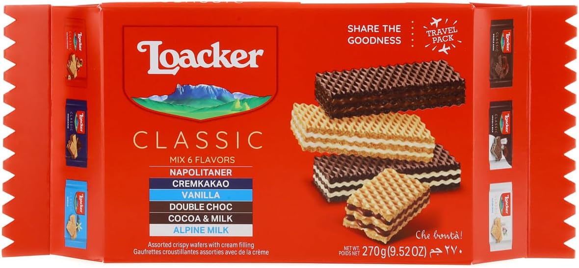 Loacker Classic Wafers Mix - Premium Assorted Crispy Wafer Cookies - Variety Pack - Hazelnut, Chocolate, Vanilla, Double Chocolate, Cocoa and Milk, Milk - 45g/1.59oz, Pack of 6
