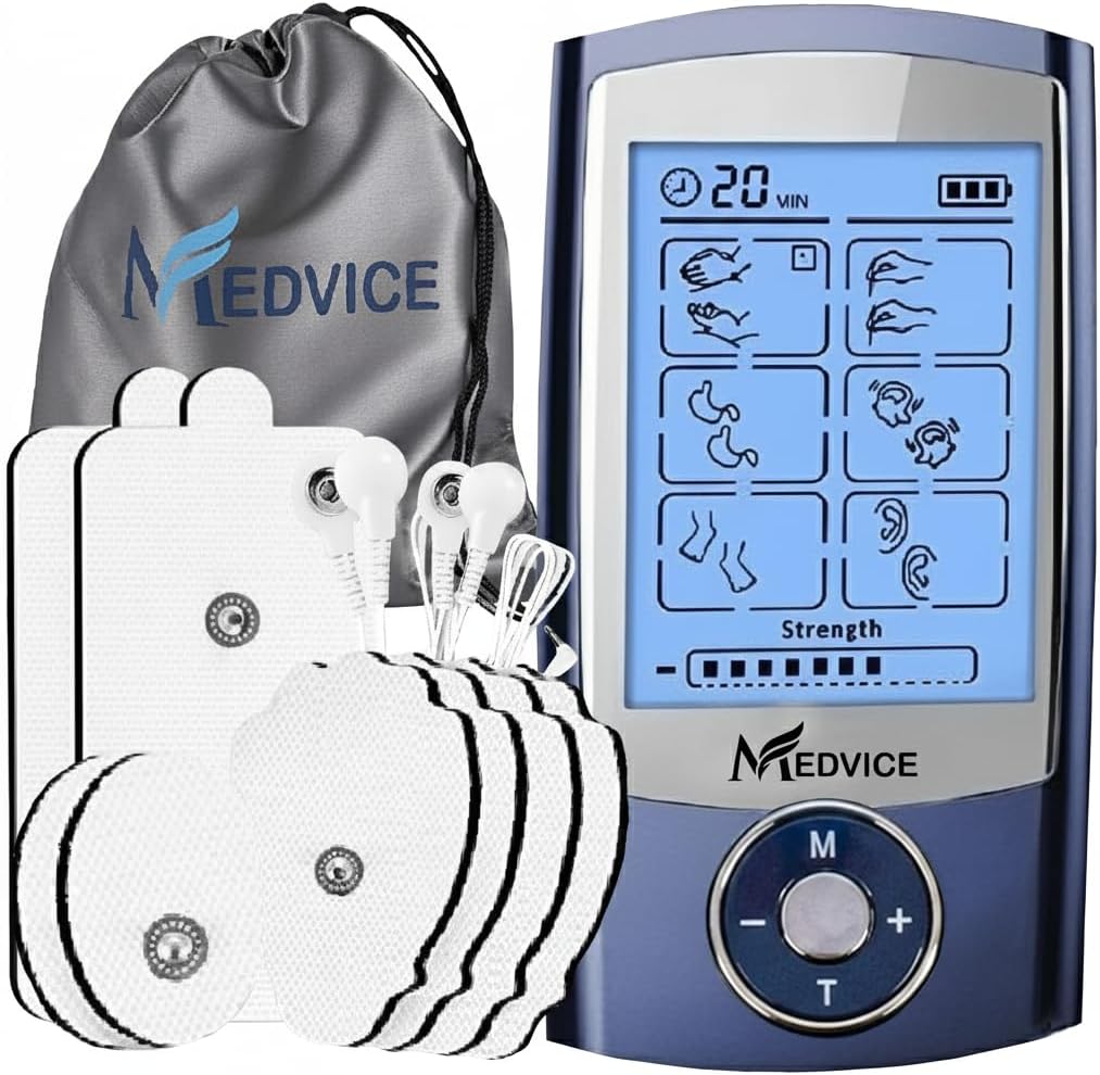 MEDVICE Dual Channel Rechargeable Tens Unit Muscle Stimulator - 2nd Gen 16 Modes & 8 Upgraded Pads for Natural Pain Relief & Management - FDA Cleared Electric Pulse Impulse Mini Massager Machine