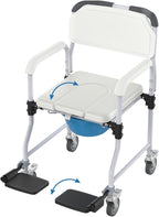 Bedside Commode Chair with 4 Lockable Wheels, 3 in 1 Wheelchair for Bathroom, Portable Toilet with Arms, Padded Seat, Footrests, Backrest for Elderly, Disabled Handicap & Seniors