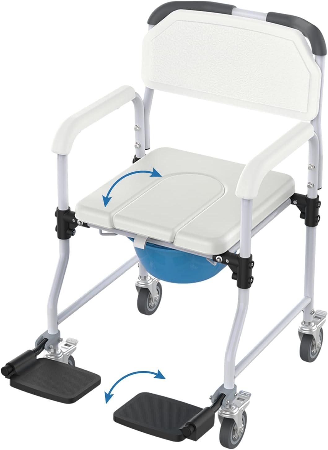 Bedside Commode Chair with 4 Lockable Wheels, 3 in 1 Wheelchair for Bathroom, Portable Toilet with Arms, Padded Seat, Footrests, Backrest for Elderly, Disabled Handicap & Seniors