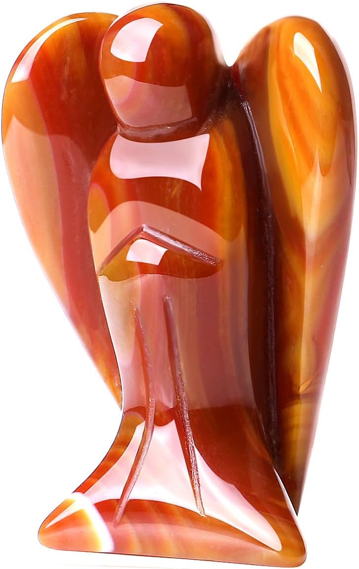 QINJIEJIE Red Carnelian Crystal Angel Decor Guardian Angel Statue Hand Carved Stone Peace Angel Figurines Reiki Gemstones Room Home Office Decorations Gifts for Women