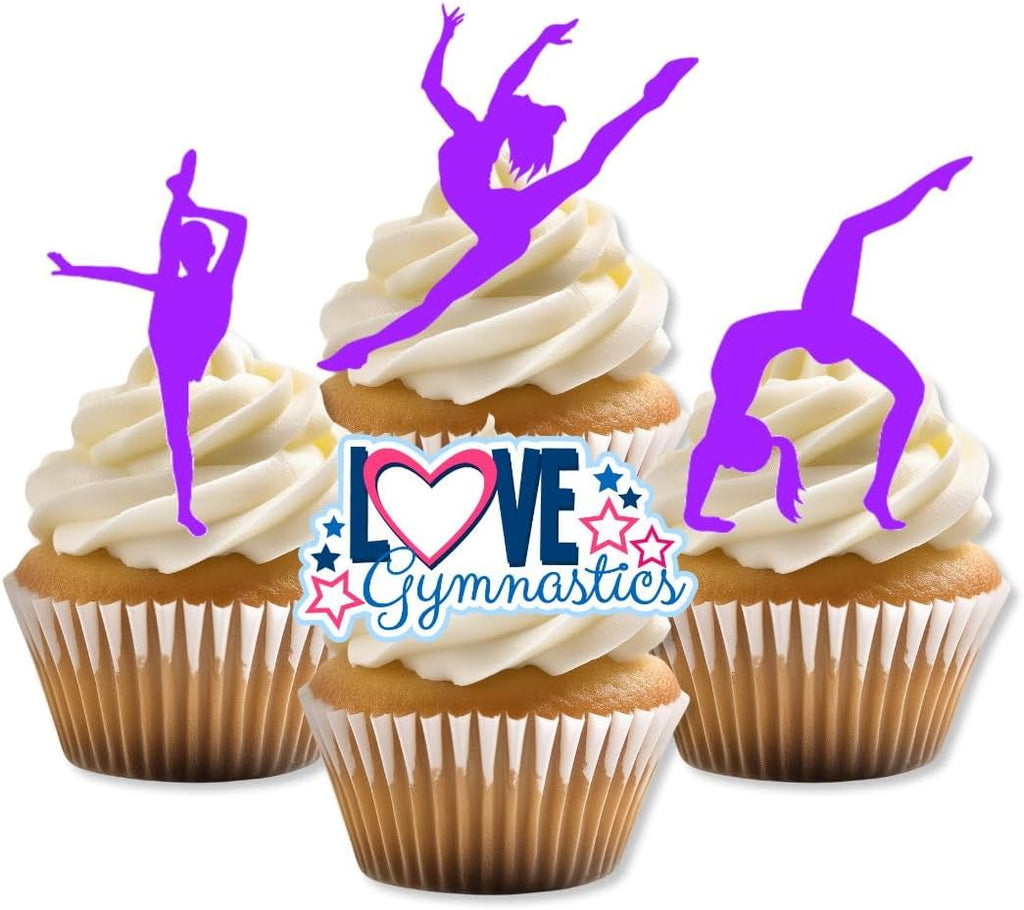 Purple Gymnastics Silhouettes Edible Cupcake Toppers - Stand Up Wafer Cake Decorations, Gym Tumble Edible Cake Decorations, Gymnast Party Favours Cookie Toppers (Pack of 12)