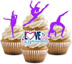 Purple Gymnastics Silhouettes Edible Cupcake Toppers - Stand Up Wafer Cake Decorations, Gym Tumble Edible Cake Decorations, Gymnast Party Favours Cookie Toppers (Pack of 12)