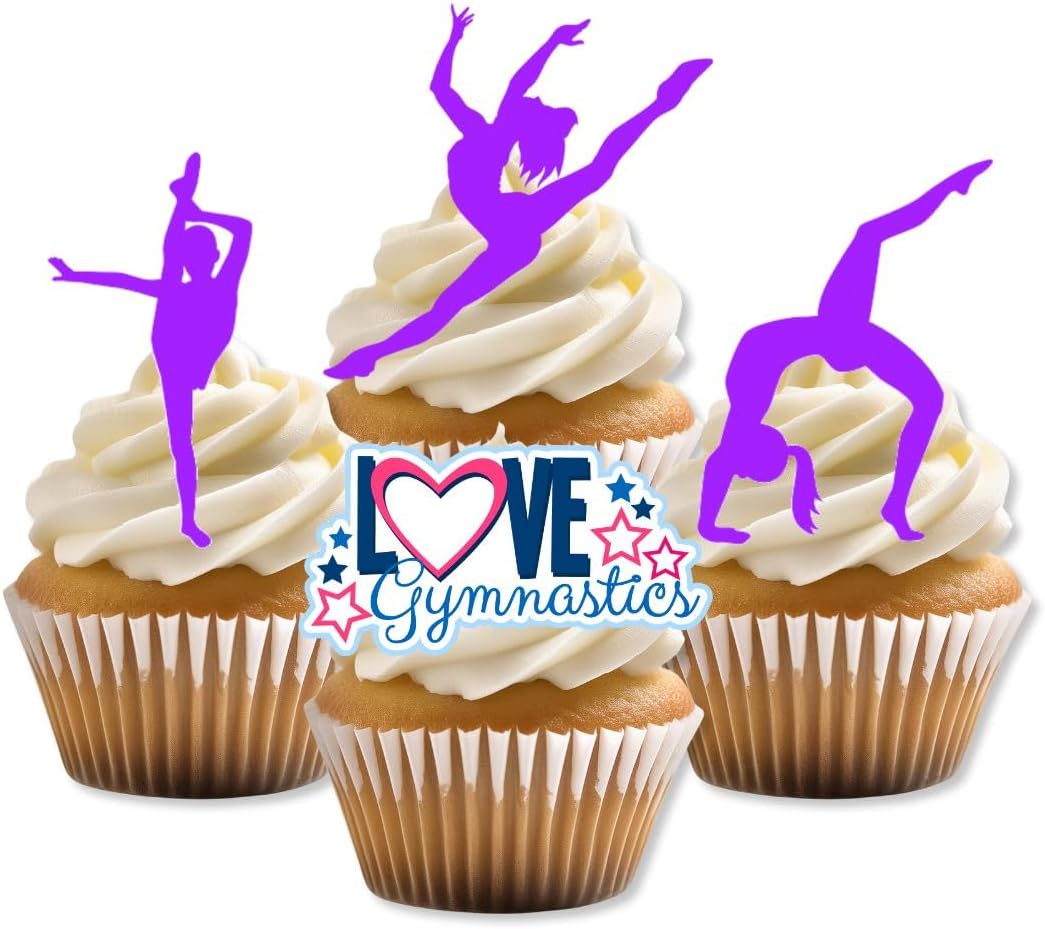 Purple Gymnastics Silhouettes Edible Cupcake Toppers - Stand Up Wafer Cake Decorations, Gym Tumble Edible Cake Decorations, Gymnast Party Favours Cookie Toppers (Pack of 12)