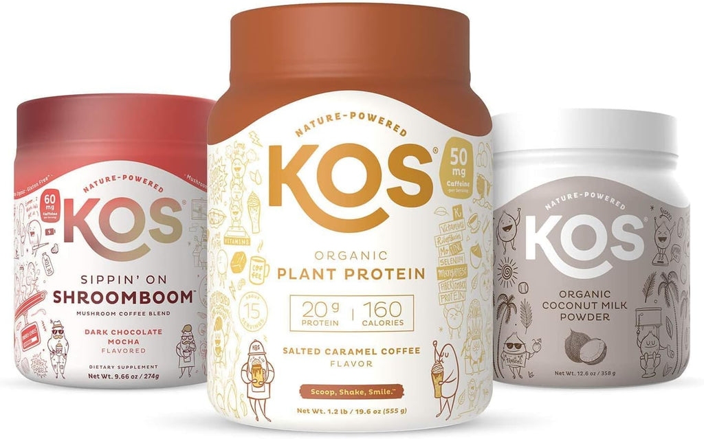 KOS Coffee Lovers Bundle (Organic Salted Caramel Coffee Plant Protein + Mushroom Coffee Blend + Coconut Milk Powder)