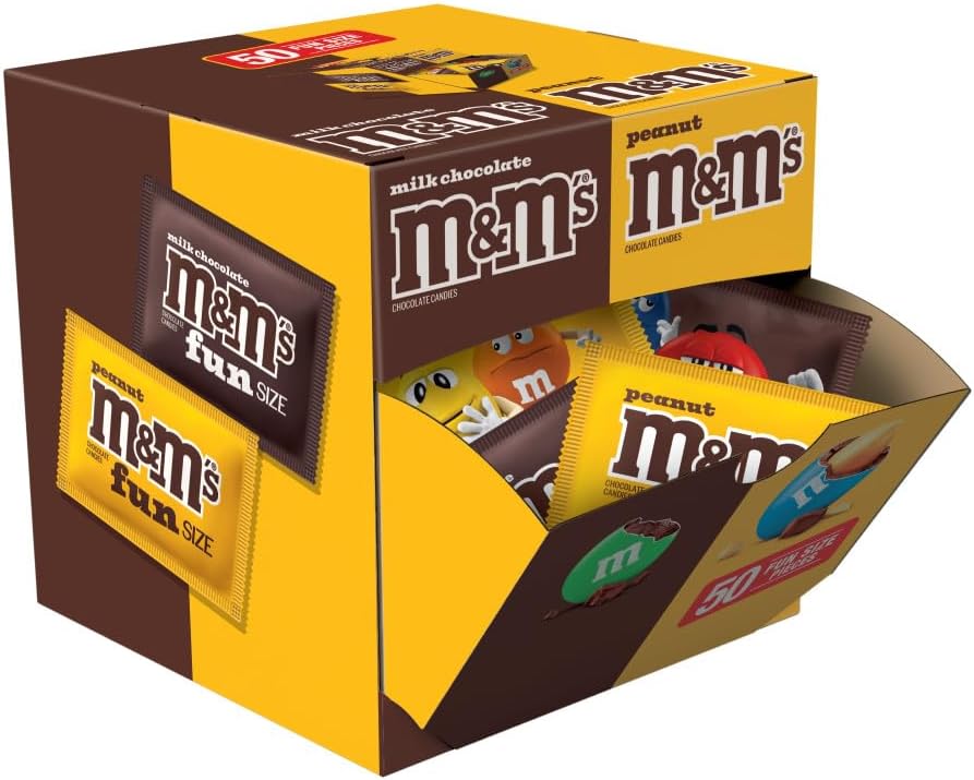 M&M'S Milk Chocolate & M&M'S Peanut Fun Size Candy Individually Wrapped Milk Chocolate Variety Pack Pantry Cube Easy Open and Close Dispenser for Convenient Snacking, 50 Ct Bulk Box