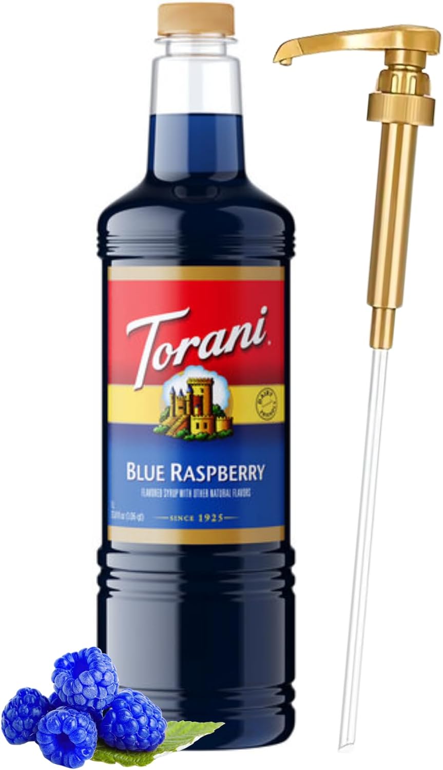 Torani Blue Raspberry Syrup 1 Liter Bottle with Pump Dispenser – Flavored Syrup with Pure Cane Sugar & Natural Ingredients – Perfect for Snow Cones, Shakes, Cocktails & Desserts