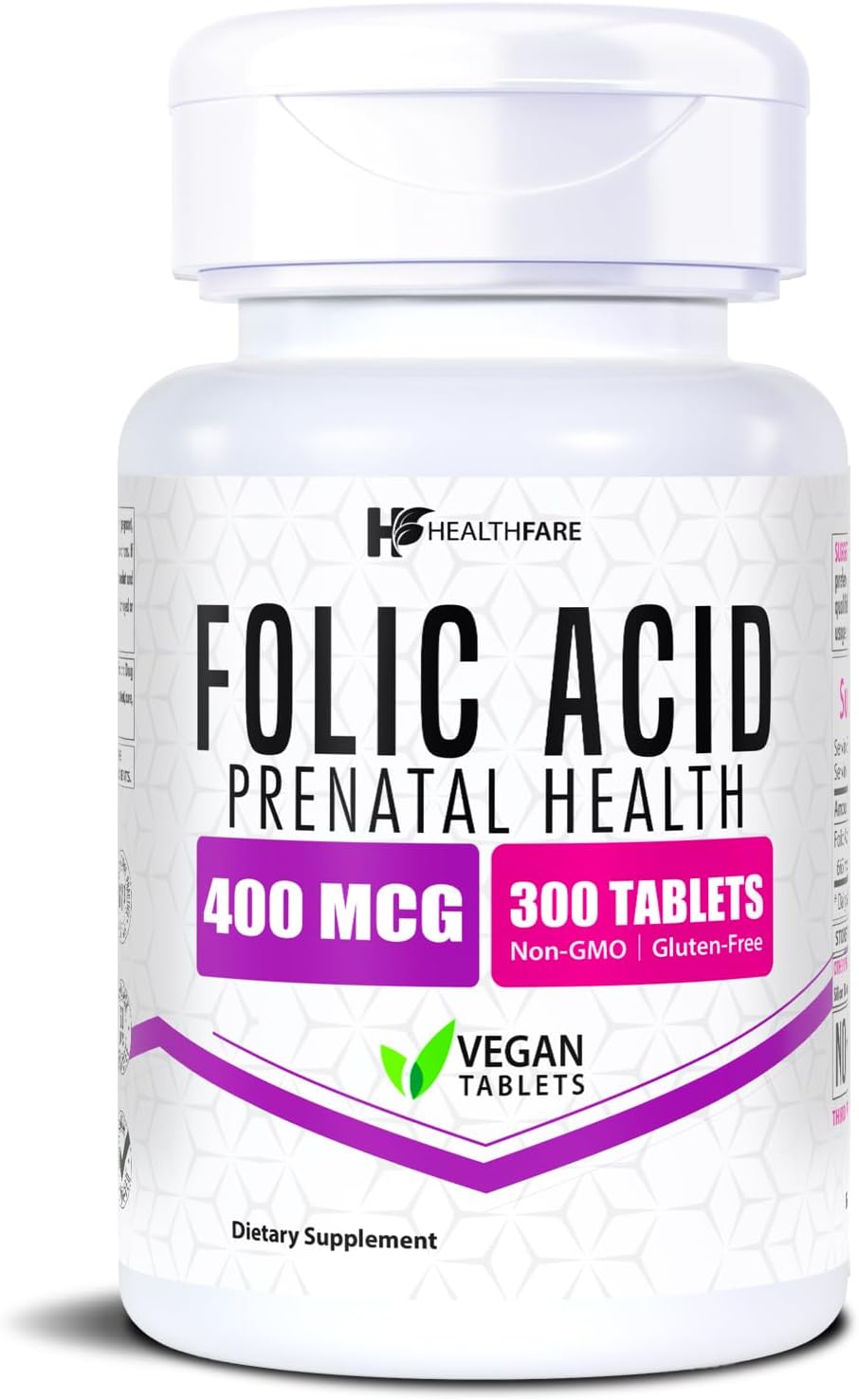 Healthfare Folic Acid 400mcg | 300 Veg Tablets | Folate Vitamin B9 | Gluten-Free | Non-GMO | Made in USA