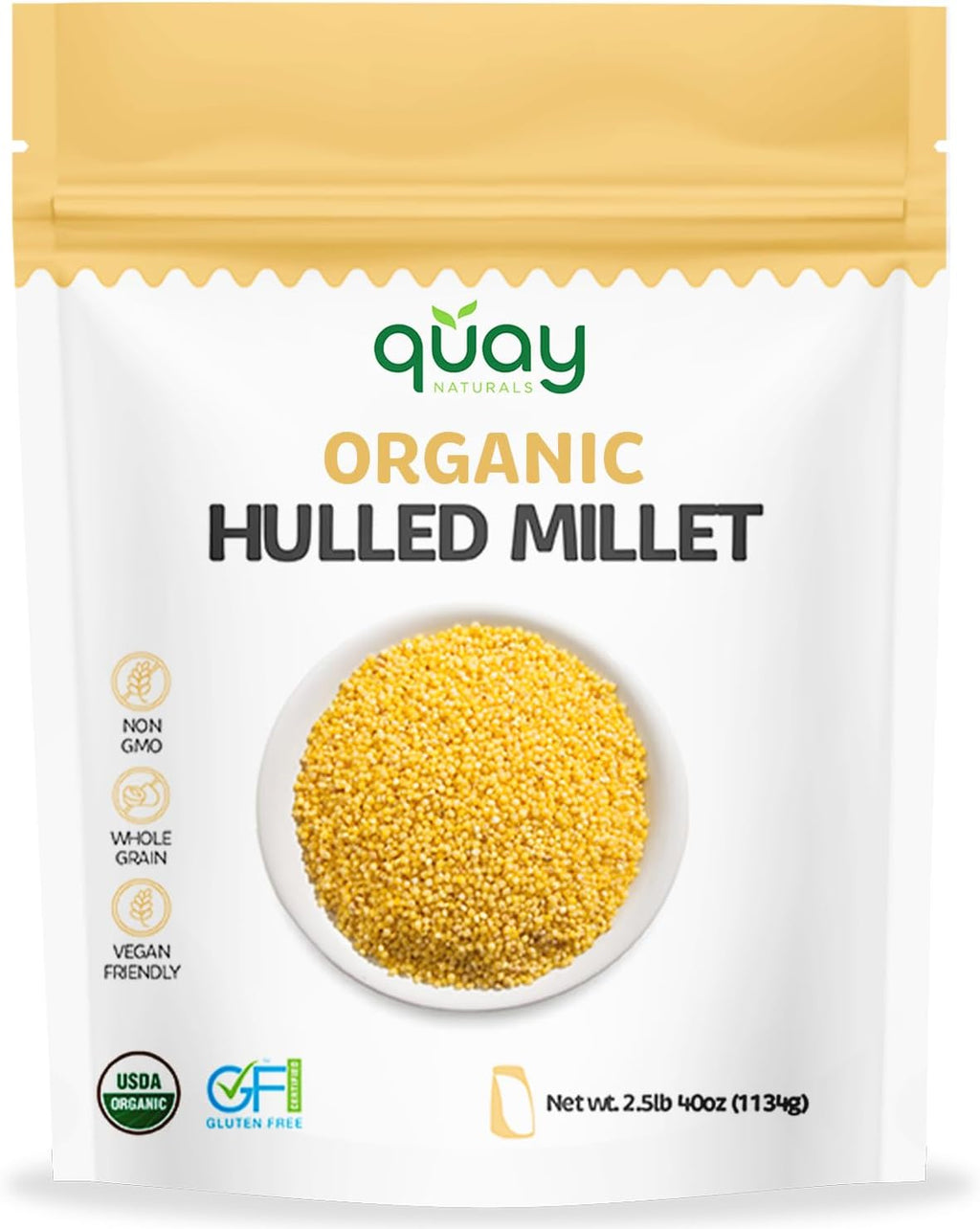 Quay Naturals Organic Hulled Millet, 2.5 lbs, USA Grown, Non-GMO, Gluten-Free, Whole Grain, Easy to Digest, Vegan-Friendly