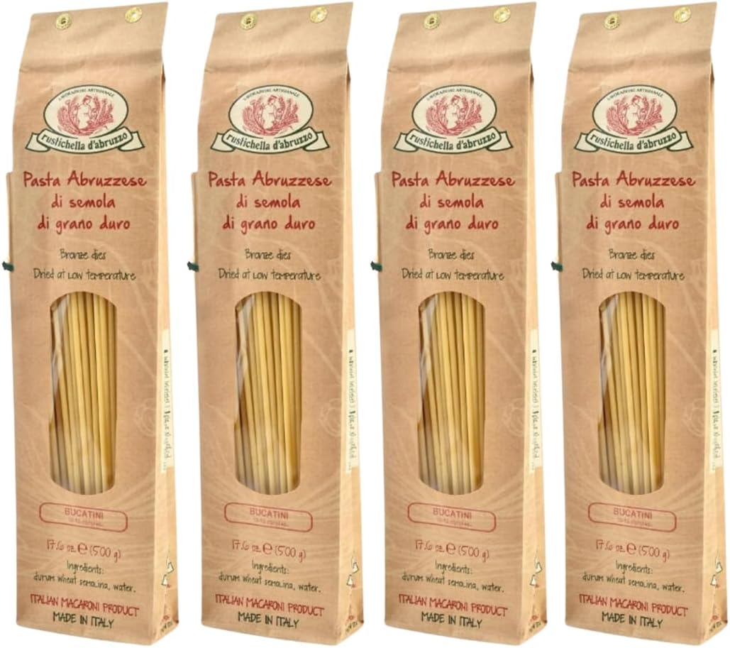 Rustichella d'Abruzzo Bucatini (Pack of 4), 500g Each - Classic Italian Pasta with a Hole - Perfect for Amatriciana Sauce - Artisan Pasta from Abruzzo