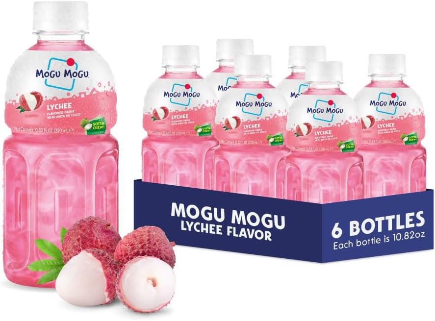 Mogu Mogu Lychee Juice Drink with Nata de Coco (Coconut Jelly) – Chewy Fruit Beverage for Kids & Adults, 6 Pack Bottles, 10.82 fl oz Each