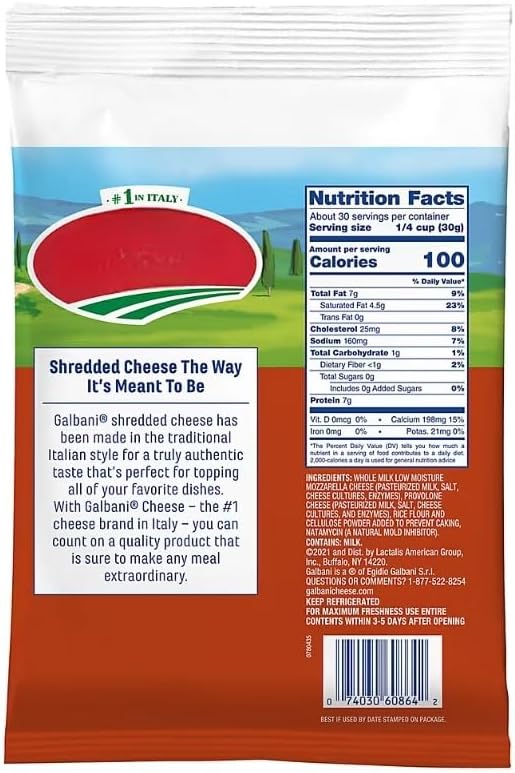 Shredded Mozzarella & Provolone cheese is the perfect topping for pasta or homemade pizza. Add it to your dishes to bring a distinctive flavor. [ 32 oz, 2 lb ]