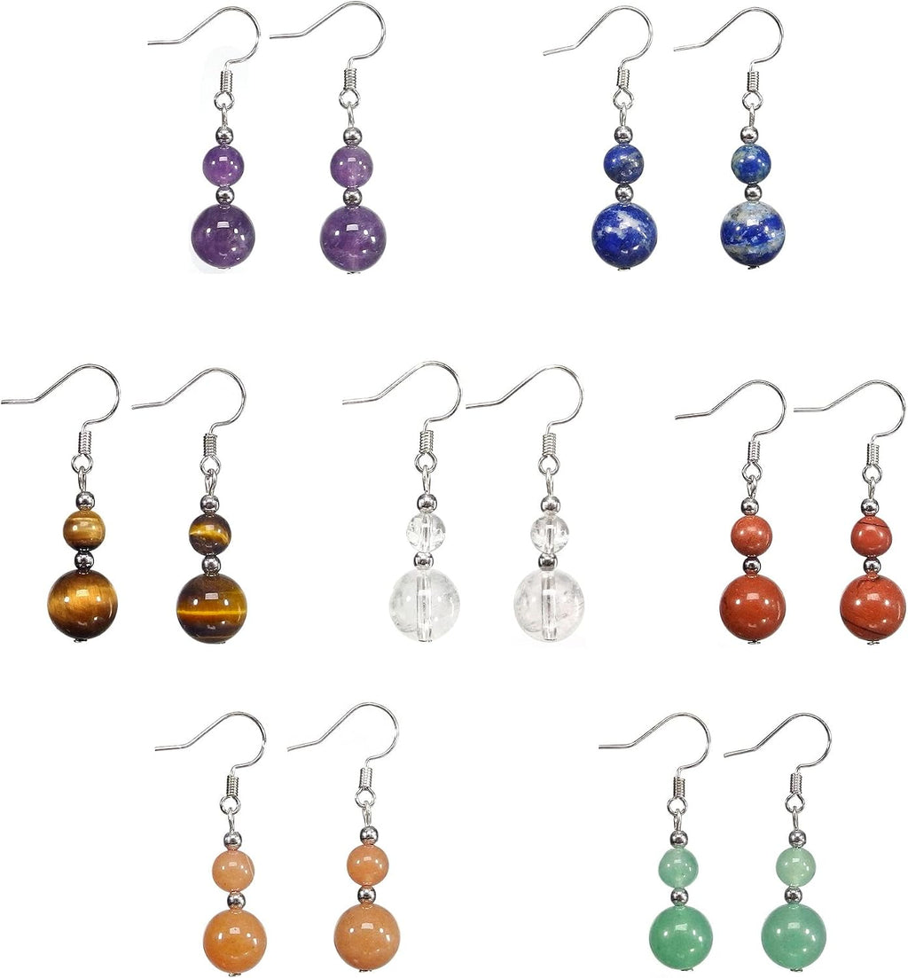 Genuine Stone Beaded Earrings 7 Pairs Dangle Earrings Chakra Earring Healing Crystal Lightweight Colorful Gemstone Earrings Gifts for Women Mom