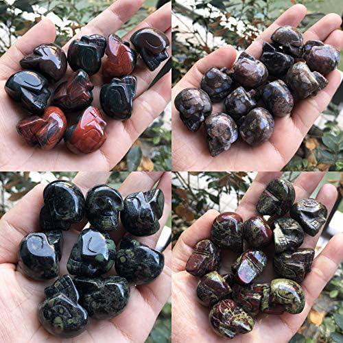 Fekuar 4Pcs Natural Dragon & Africa Bloodstone & Kambaba Jasper & Blue Rhyolite Hand Carved Stone Human Skull Statue Figurine Halloween Party Decoration, 1"(25mm)