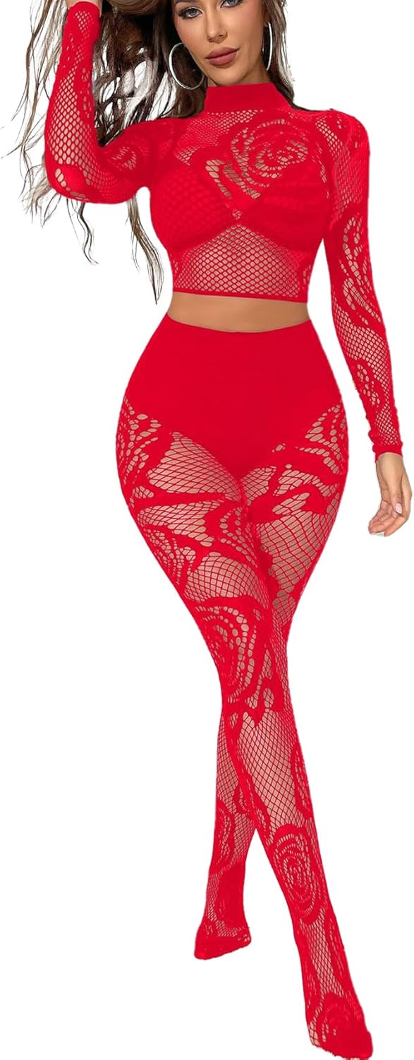 Womens Tight Mesh Lingerie Sets, 2 Piece Club Fishnet Outfits, Long Sleeve Crop Top and High Waist Footed Leggings