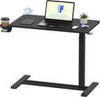 FLEXISPOT H7 Adjustable Overbed Bedside Table with Wheels Pneumatic Mobile Standing Desk Laptop Desk Rolling Computer Cart Movable Overbed Tables Hospital Home Use(27.6" W x 15.7" D, Black Table)