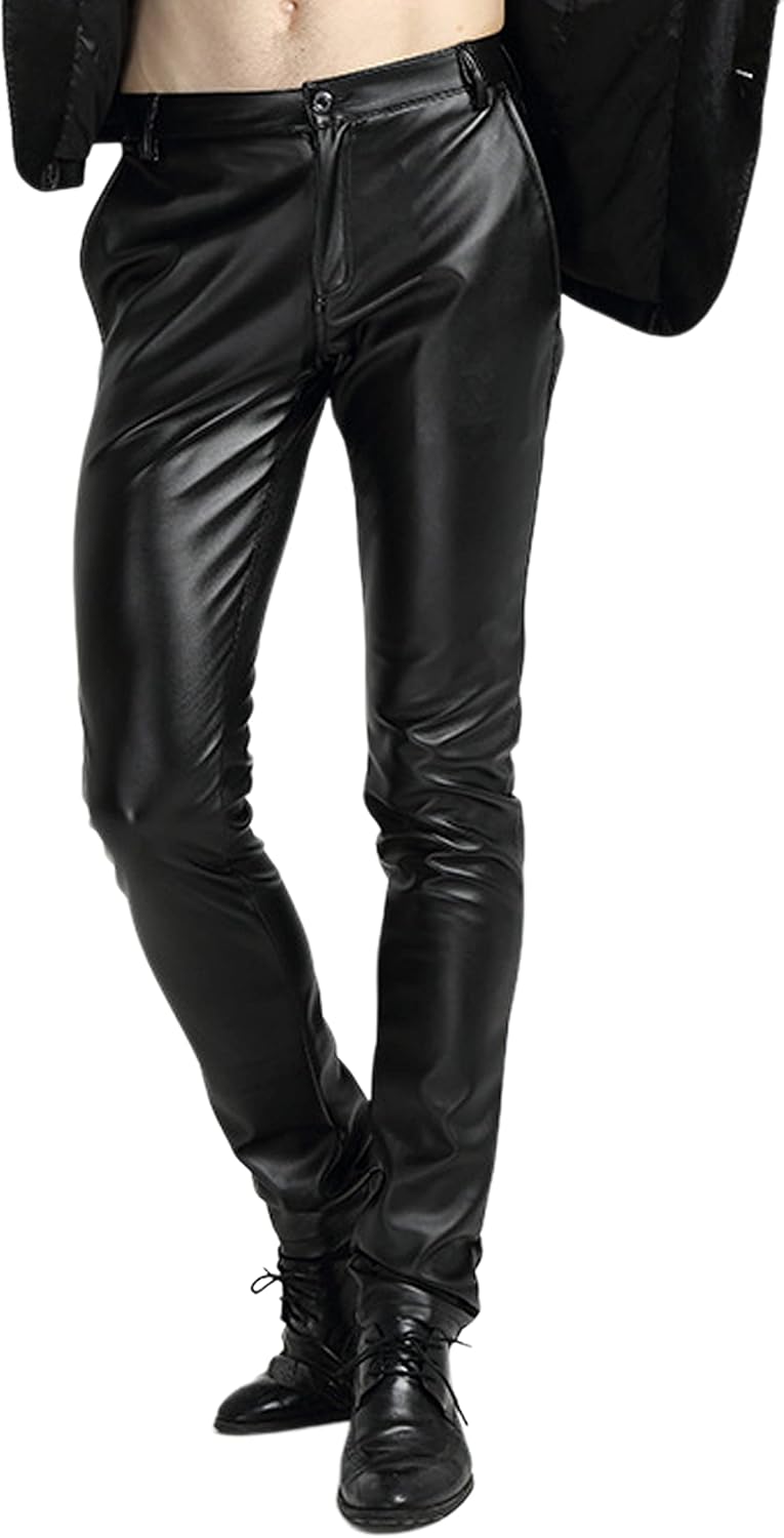 Faleave Men's Faux Leather Pants Skinny Stretch Black Red Slim Fit Suit Pants