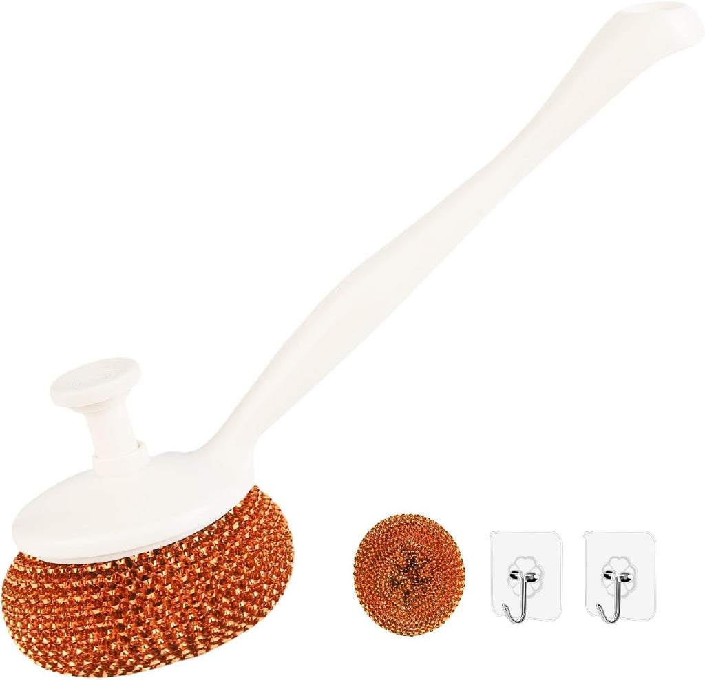 Kitchen Cleaning Brush with Replaceable Head –Dish Scrubber for Non-Stick Pans, Pots, Sink & Dishes – Sturdy Handle for Heavy-Duty Cleaning – Includes 2 Brush Heads & 2 Traceless Hooks