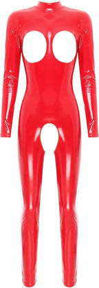 Hedmy Women Sexy Hollow Out Bodysuit Clubwear Patent Leather Full Body Jumpsuit Zipper Latex Catsuit