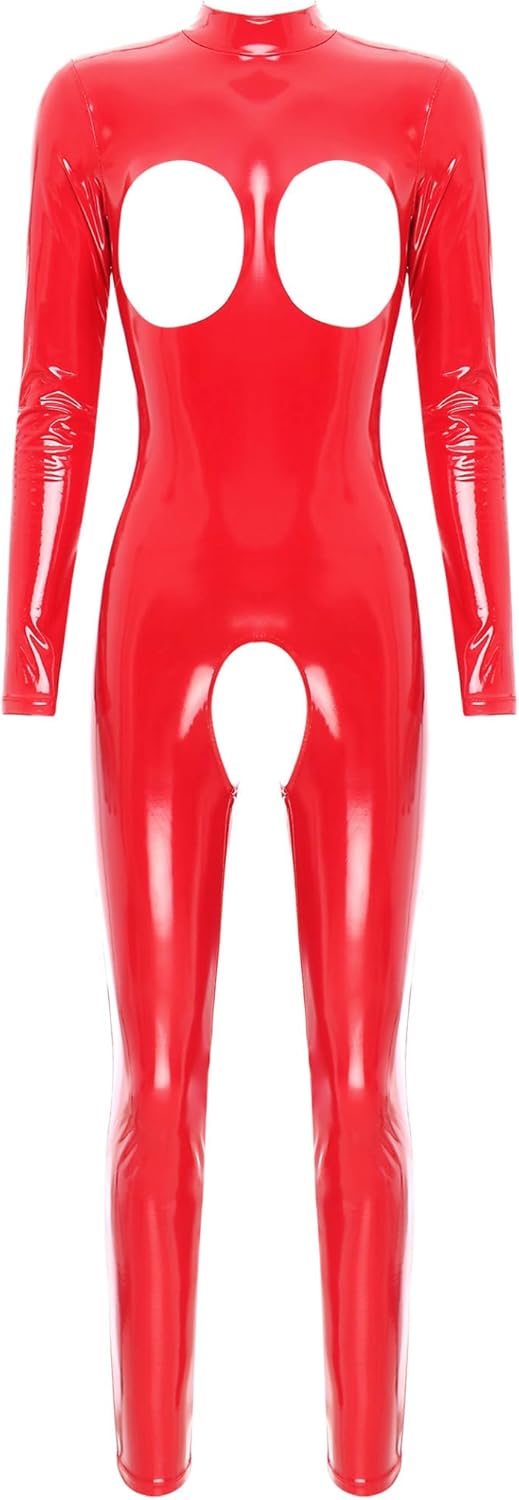 Hedmy Women Sexy Hollow Out Bodysuit Clubwear Patent Leather Full Body Jumpsuit Zipper Latex Catsuit