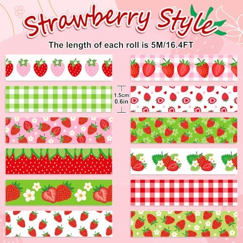 12 Rolls Strawberry Washi Tape Sweet Red Berry Decorative Masking Tape Set Summer Fruit Wrapping Paper Tapes for Scrapbook Journal DIY Art Crafts