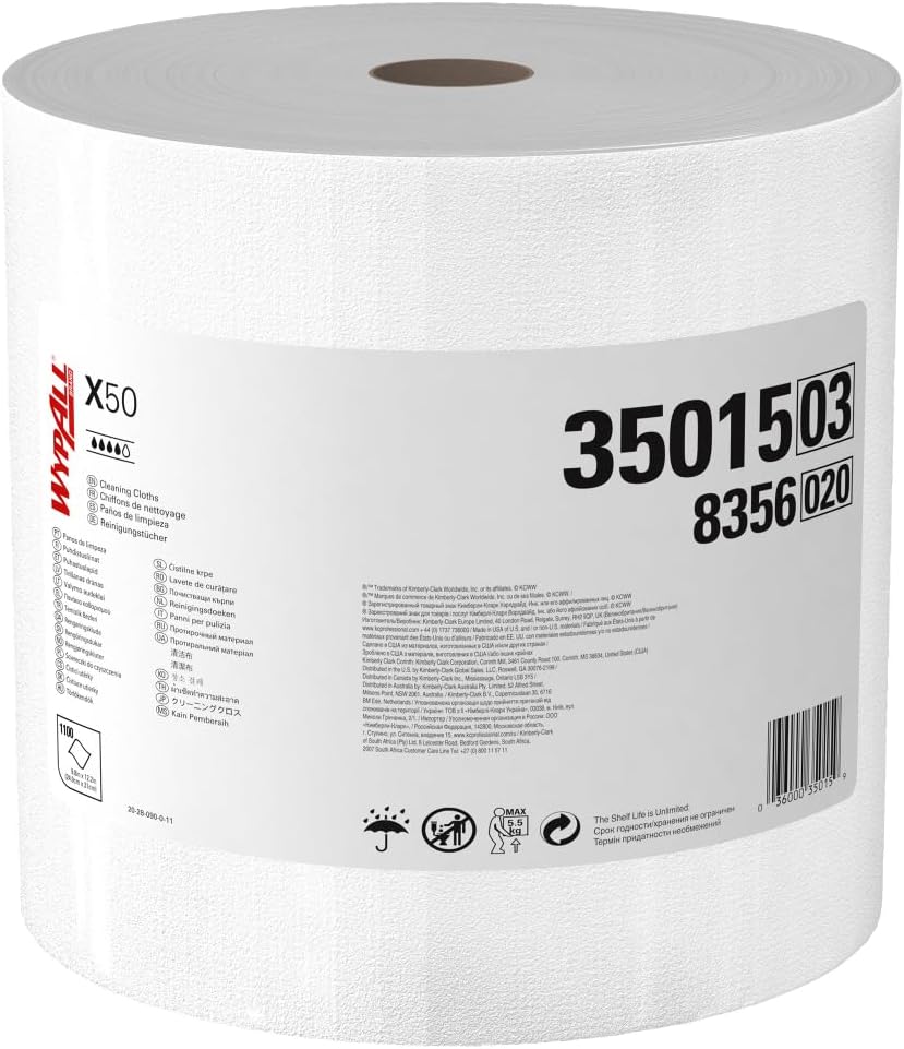 WypAll GeneralClean X50 Cloths Cleaning Wipes (35015), Jumbo, Strong Towels for Extended Use, White (1 Roll of 1,100 Sheets, 1,100 Sheet Total)