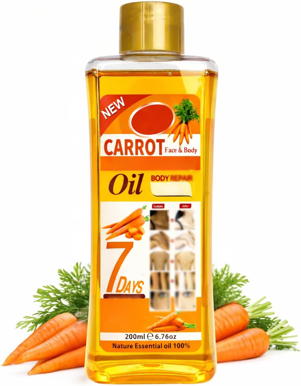 Carrot Oil for Massage and Skin Moisturizing, Lightweight Hydrating Body Oil for Dry Skin, Spa Body Care Oil with Carrot Extract, 200ml / 6.76 fl oz