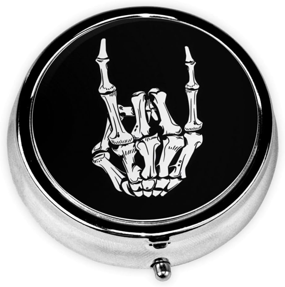 Pill Box 3 Compartment Pocket Small Pill Organizer Mini Metal Pill Holder Travel Portable for Man - Funny Skull Hand