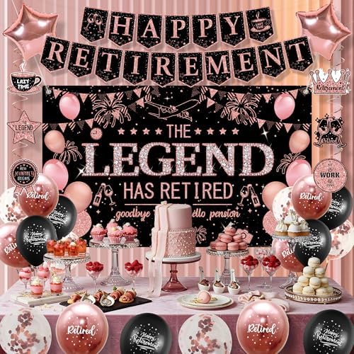Roetyce Retirement Party Decorations Women, Black and Pink Happy Retirement Banner Backdrop Balloon Hanging Swirls for Coworker, Rose Gold Lengend Has Retired Sash & Crown, Office Retired Background