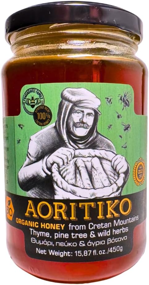 Aoritiko Organic Pure Cretan Mountain Honey | Organic Greek Honey | 100% Natural, Wildflower & Herb-Infused, Rich Aromatic Flavor, Harvested from Pristine Greek Flora | 450 gram glass jar