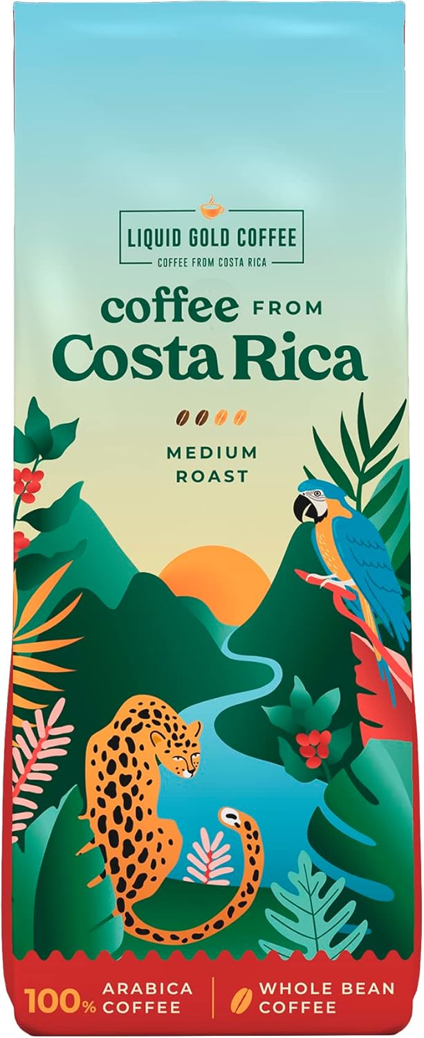 Coffee from Costa Rica, Medium Roast Whole Beans, by Liquid Gold, 1 bag 12oz (340 grams), Fair Trade Certified, Single Origin, 100% Fresh Arabica Beans, Local Authentic Sourced Coffee from Coopeagri Farm, Made and Roasted Fresh in USA