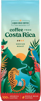 Coffee from Costa Rica, Medium Roast Whole Beans, by Liquid Gold, 1 bag 12oz (340 grams), Fair Trade Certified, Single Origin, 100% Fresh Arabica Beans, Local Authentic Sourced Coffee from Coopeagri Farm, Made and Roasted Fresh in USA