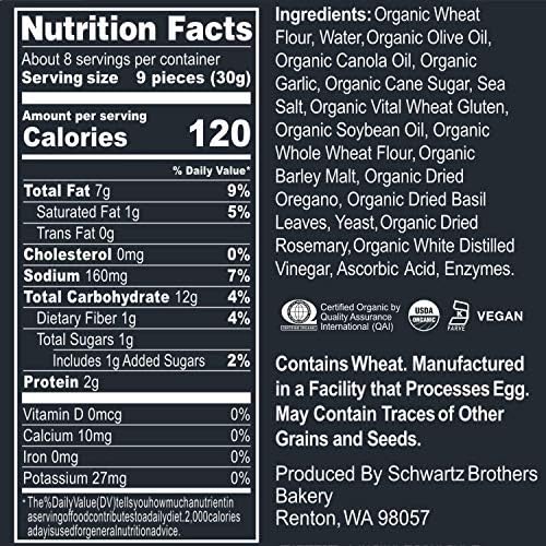 Garlic & Herb Bagel Chips NY Style Bagel Crisps. Organic, Vegan, Kosher. From the artisans of Schwartz Brothers Bakery. Baked Fresh. Twice Baked. 8 ounce container. Great Snack. Delicious. Pack of 4.