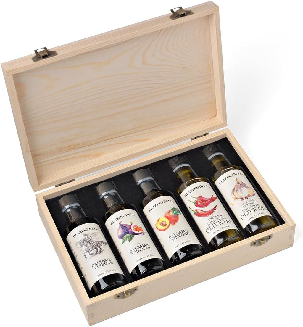 Blazing Bella Foodie Combo – Balsamic Vinegar and Olive Oil Sampler Set – White, Fig & Peach Balsamic with Garlic and Smoky Jalapeño Olive Oils – Modena, Italy & California – 100ml Bottles