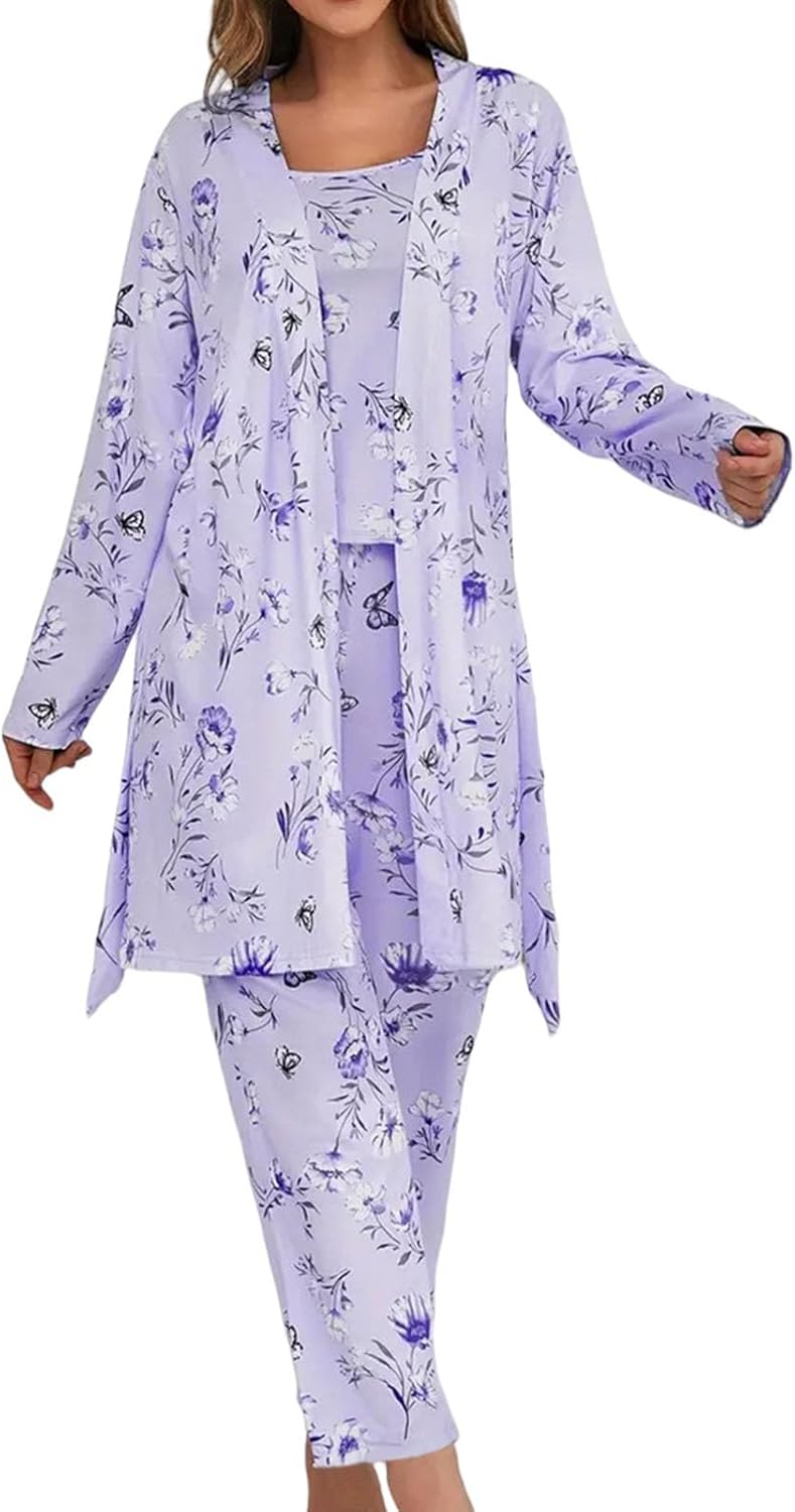 3-Piece Pajama Sets for Women 2025 Floral and Butterfly Print Pajama Set Nightwear Long Pants & Belted Robe