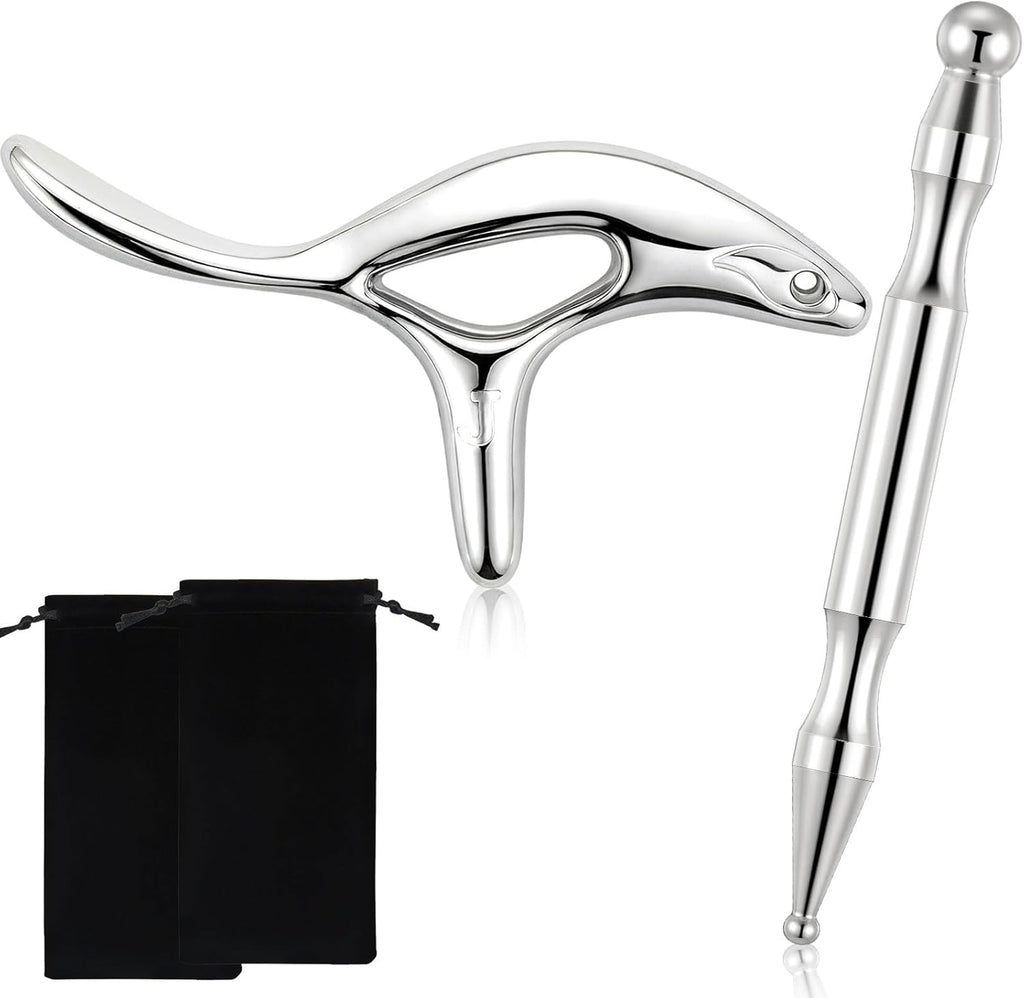 2 Pcs Trigger Massage Tool Acupuncture Pen Gua Sha Massage Scraping Tool Manual Reflexology Body Point Deep Tissue Muscle Scraper Massager for Head Neck Hand Waist Calf Foot(Silver,Large)