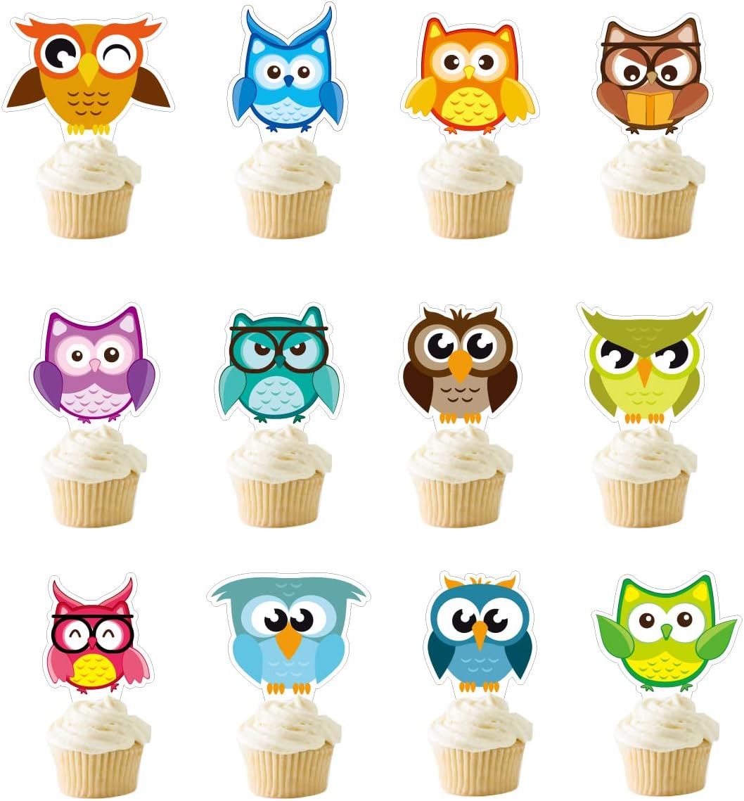 Owl Cupcake Toppers Party Supplies, Safari Jungle Animal Themed Party Cake Decorations for Kids (24pcs)